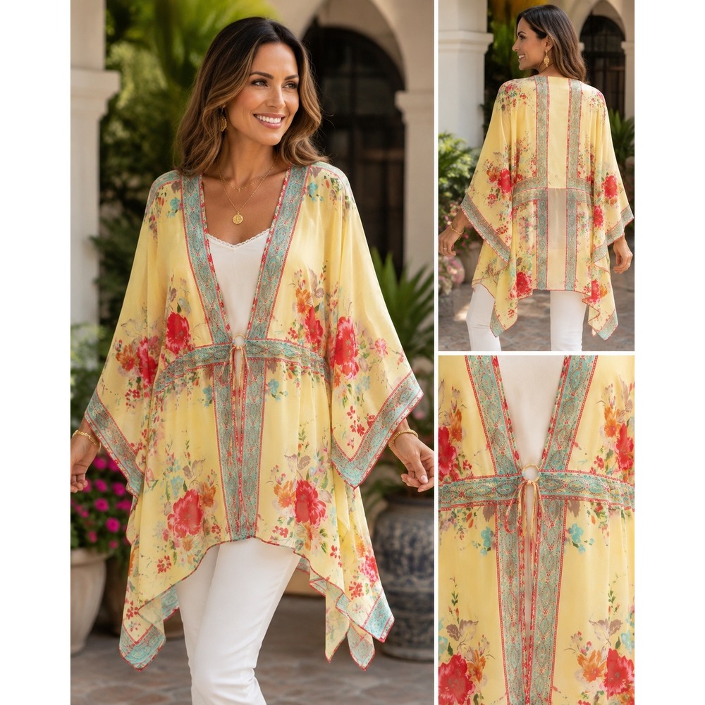 Coldwater Creek Kimono Top Women L XL Floral Boho Bell Sleeve Handkerchief Hem